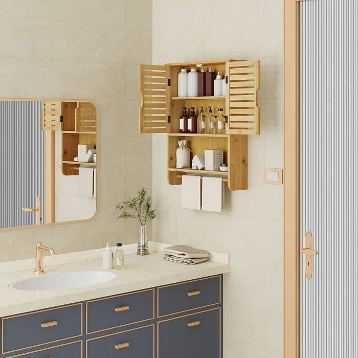 Armoire Salle De Bain Avec Miroir HOMCOM - Dimensions 60x14x50 Cm - Porte En Bambou, étagère Réglable - Film Anti-éclats - Montage Mural - Couleur Blanc - 3