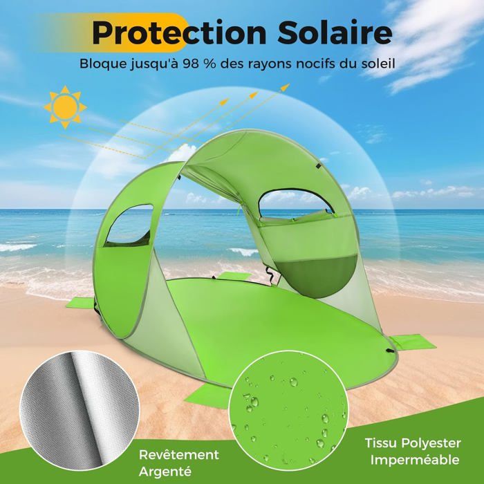 Protection Solaire Cabane De Plage 1,8x1,8m - Tente Solaire UPF50+ - Avec Parois Latérales - Pour 4-6 Personnes Tente De Plage 1.8x1.8m