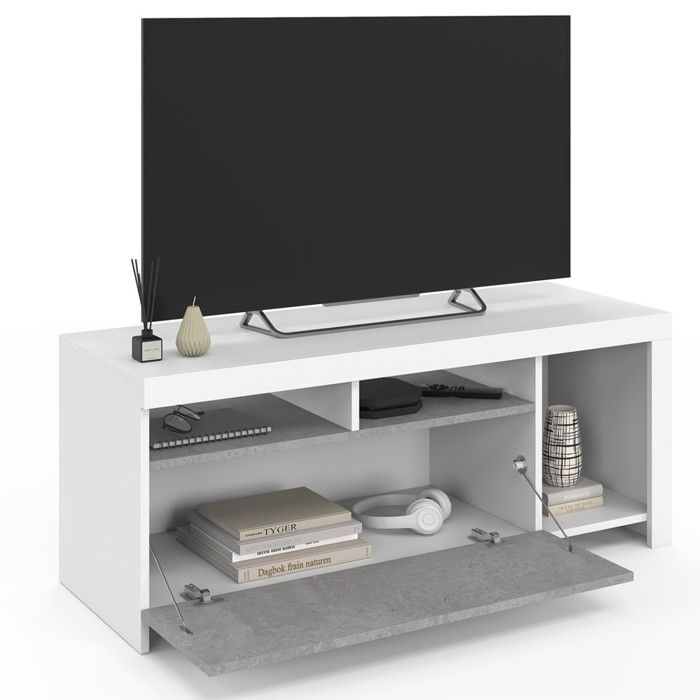 Meuble TV 110 cm MALO blanc et placard effet béton