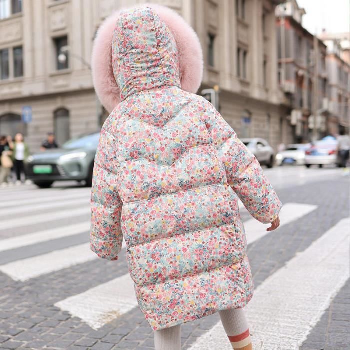 Doudoune Fille Mi-Longue Chaude Remplissage Duvet A Capuche Fausse