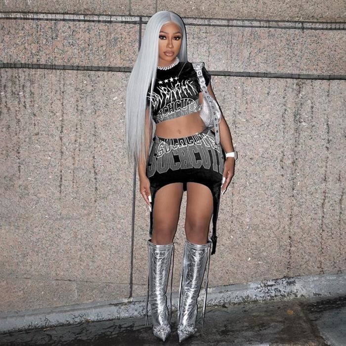 Jupe ensemble 2 pieces haut court et Mini jupe asymetriques imprime de lettres mode retro 2023 Black C4226 Blanc Cdiscount Pret a Porter