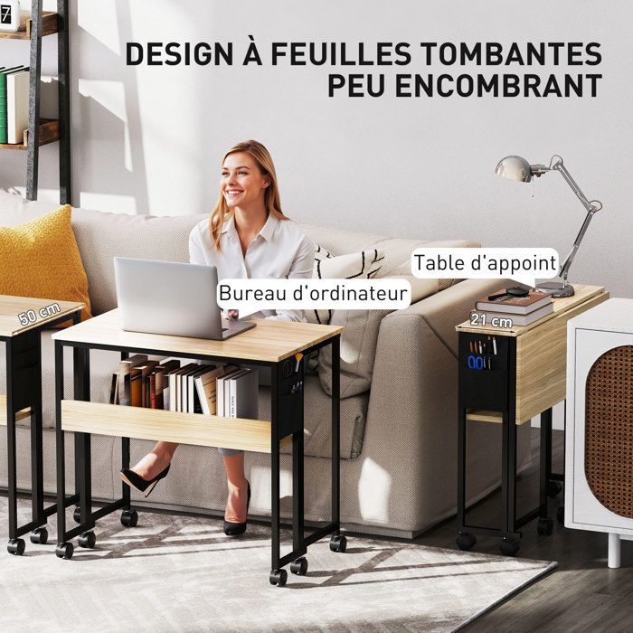 Bureau Pliant Beliani BENDI - 160x60 Cm - Roulettes - Cadre Métallique - Bois Clair