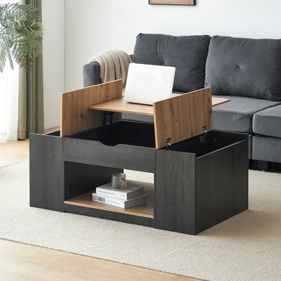 Table Basse Relevable WLIVE Avec Rangement - 100x50x40 Cm - Bois Et Métal - Idéale Salon Ou Petit Espace