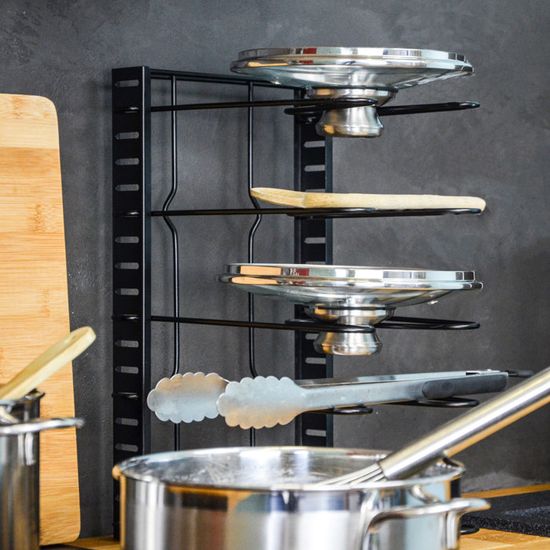Support Planche à Découper Avec Bac Égouttoir - Range Couvercles 16-34cm - Porte Couvercle Cuisine Noir