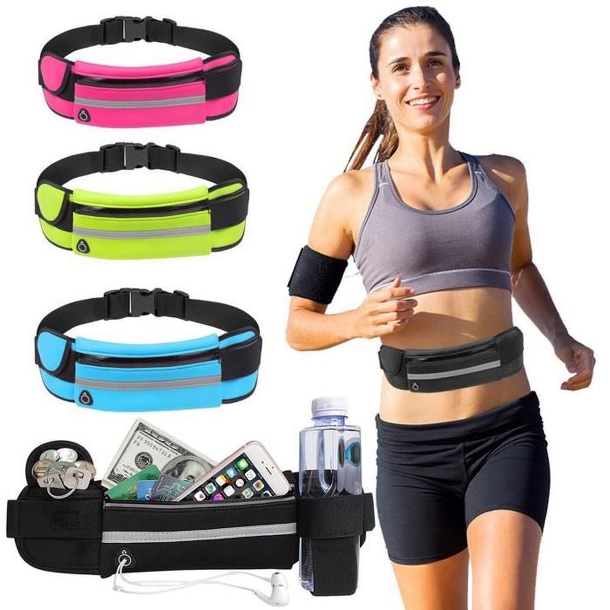 Ceinture De Running étanche - 3 Poches - Réglable 60-120 Cm - Bandes Réfléchissantes - Pour Sport Outdoor - 8