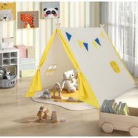 DREAMADE Tente Tipi Enfant en Coton, avec Drapeaux, Rideaux Respirants, Fenêtres, Structure Triangulaire Stable, 137X145X121CM