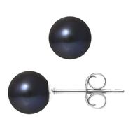 PERLINEA - Clous d'Oreilles - Véritables Perles de Culture d'Eau Douce Noires Rondes 7-8 mm - Bijoux Femme