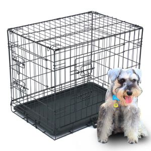 CAGE Cage pour chat et chien à double porte avec séparateur et plateau en plastique, pliable, noir - 63×44×50.5CM