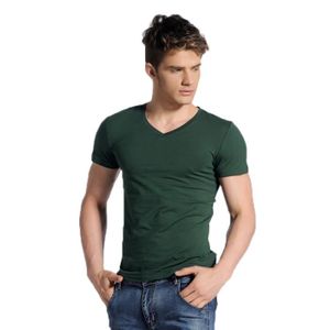 T-SHIRT T shirt Homme col en v uni XL,Armee verte