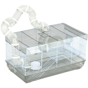 CAGE Cage rongeur hamster - tunnel, poignée, accessoires - plastique acier gris blanc