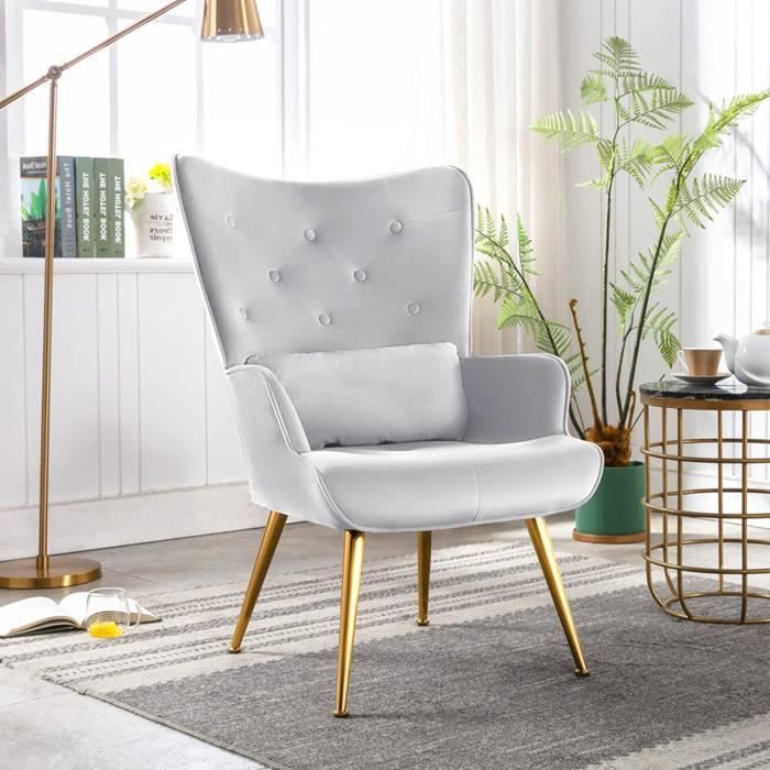 Fauteuil en Velours à Dossier Boutonné Salon Chaise Rembourré de Confort Moderne à Dossier Haut Pieds en Métal Doré coussin Grisâtre