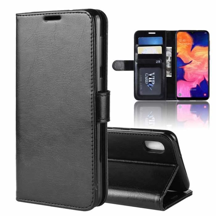 Étui Samsung Galaxy A10, Porte-carte Cuir Luxueux Portefeuille Housse à Rabat Léger Pratique Support Antichoc, Noir