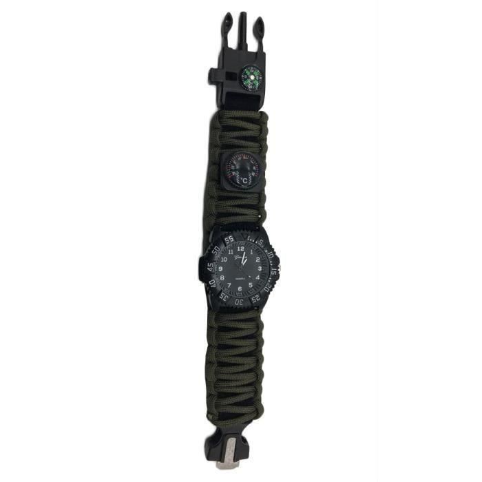 Bracelet de survie avec montre Compass Flint Allume-feu Scraper vitesse Sifflet G2414D