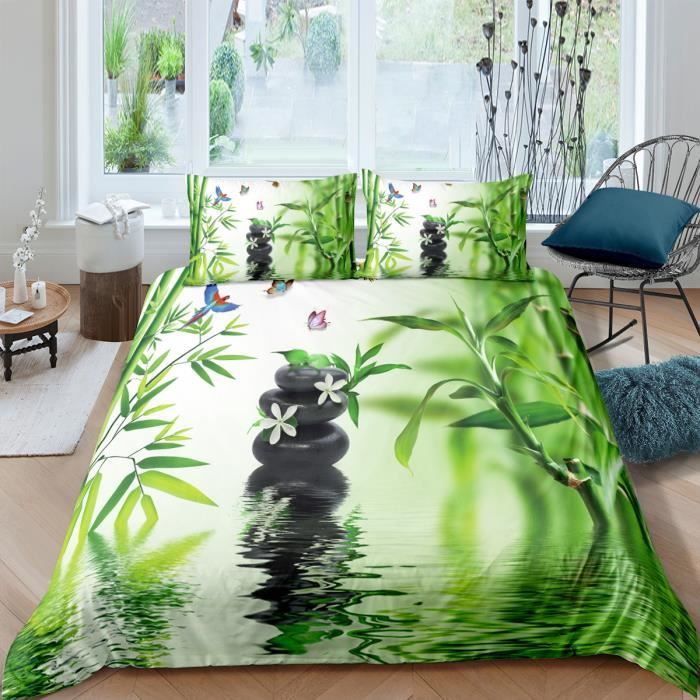 ZEN bambous pierres et papollons Parure de Lit imprimé Housse de Couette 220 x 240 cm et 2 taie d'oreiller 63 x 63 cm