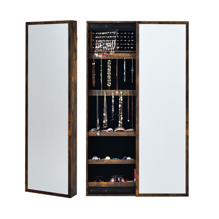 COSTWAY Armoire Bijoux à Porte Coulissante 22 Crochets pour Collier, 60 Emplacements pour Bagues, 95 Trous Boucles d'Oreilles Brun