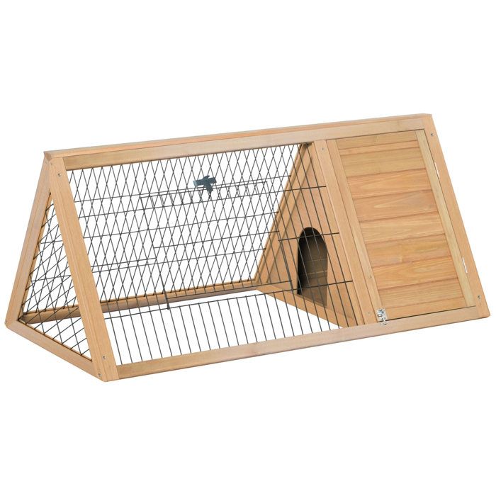Clapier triangulaire de sol enclos extérieur niche double porte dim. 116L x 62l x 53H cm bois massif pin 116x62x53cm Beige