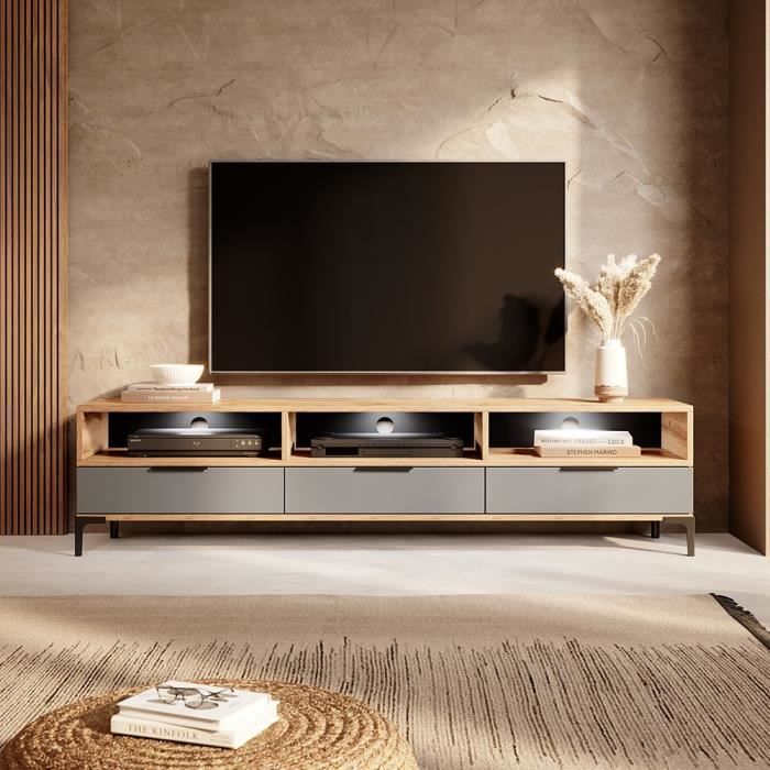 Meuble tv - RIKKE - 160 cm - chêne wotan / gris brillant - avec LED