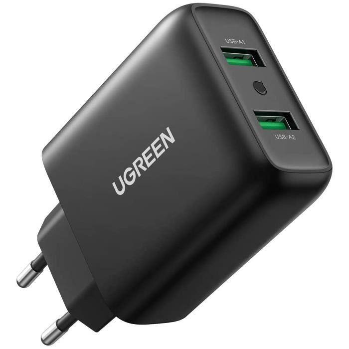 UGREEN 36W Quick Charge 3.0 Chargeur Secteur USB 2 Ports Compatible avec Galaxy S10 S9 A51 A20e A51 Redmi Note 9S Note 8 Pro Note 7