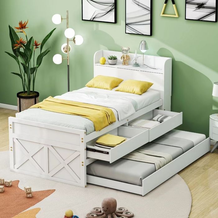 dripex lit simple 90x190cm avec deux tiroirs extensible et un lit à roulettes,tête de lit avec étagères de rangement,prise