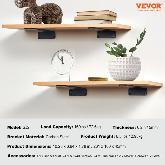 Équerre détagère - VEVOR - SJ2 - 261 x 100 x 45 mm - Acier carbone 5 mm - Lot de 6 Noir Mat
