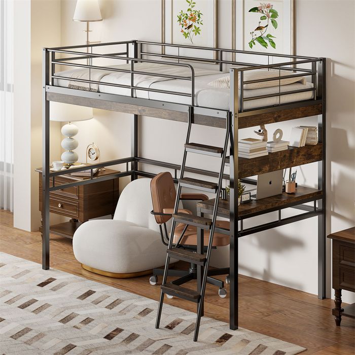 DRIPEX Lit Mezzanine en fer 90×200cm avec échelle Lit surélevé avec bureau et étagères de rangement Noir