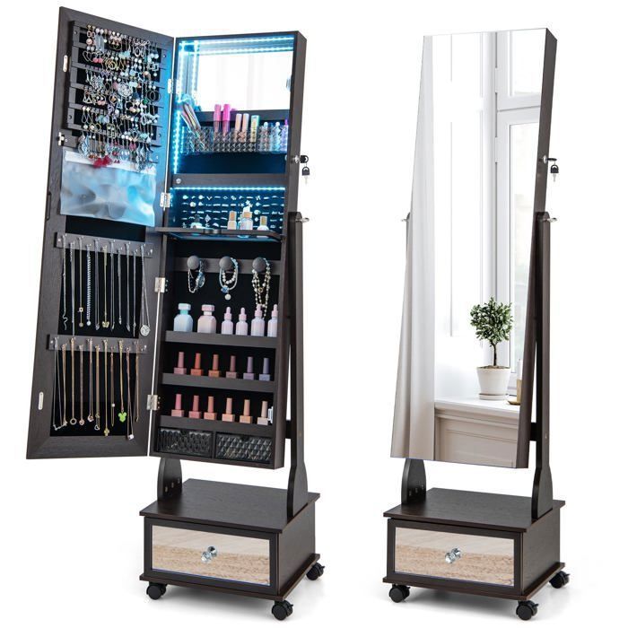 Armoire à Bijoux avec Miroir - RELAX4LIFE - Angles Réglables - Lumière LED 3 Couleurs - 4 Roues Universelles avec Serrure - Marron
