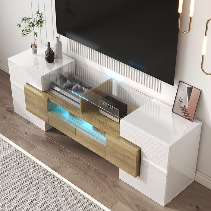 Meuble TV meuble bas brillant éclairage LED - SWEIKO - Blanc 145 cm Meuble TV meuble bas brillant éclairage LED - SWEIKO - Blanc 145 cm