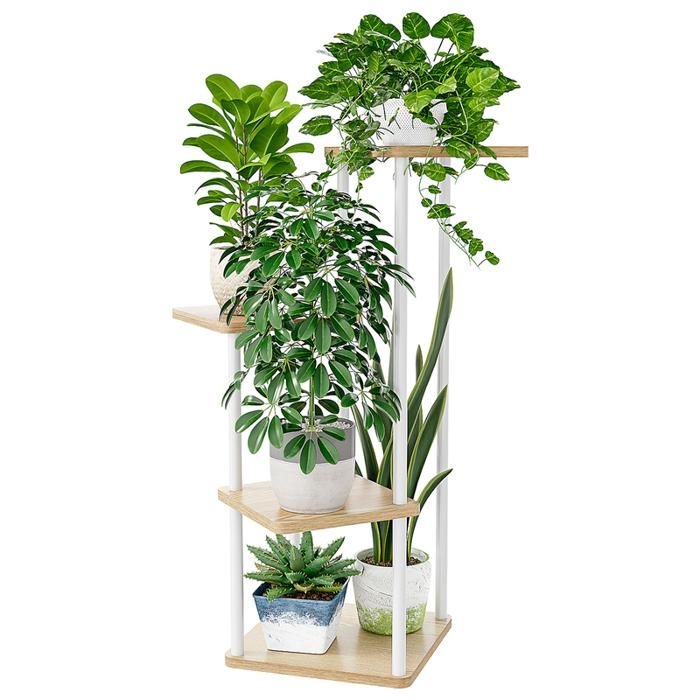 Porte Plante - BAMWORLD - Bamworld Étagère porte-plante 4 niveaux - 4 niveaux - Métal & bois - Blanc