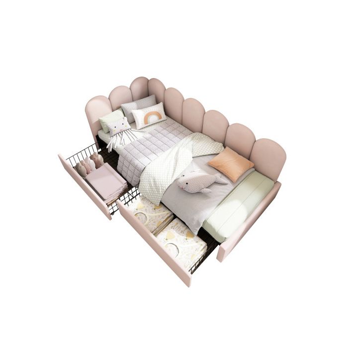 Lit simple enfants 90x200 cm -lit bebe rembourré dangle avec sommier - rangement avec 2 tiroirs velours rose sans matelas
