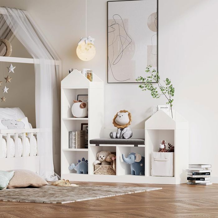 Bibliothèque Enfant 6 Niveaux Avec Sacs Suspendus - Blanc Et Bois, Rangement Livres, Pour Chambre, Crèche, 3-8 Ans