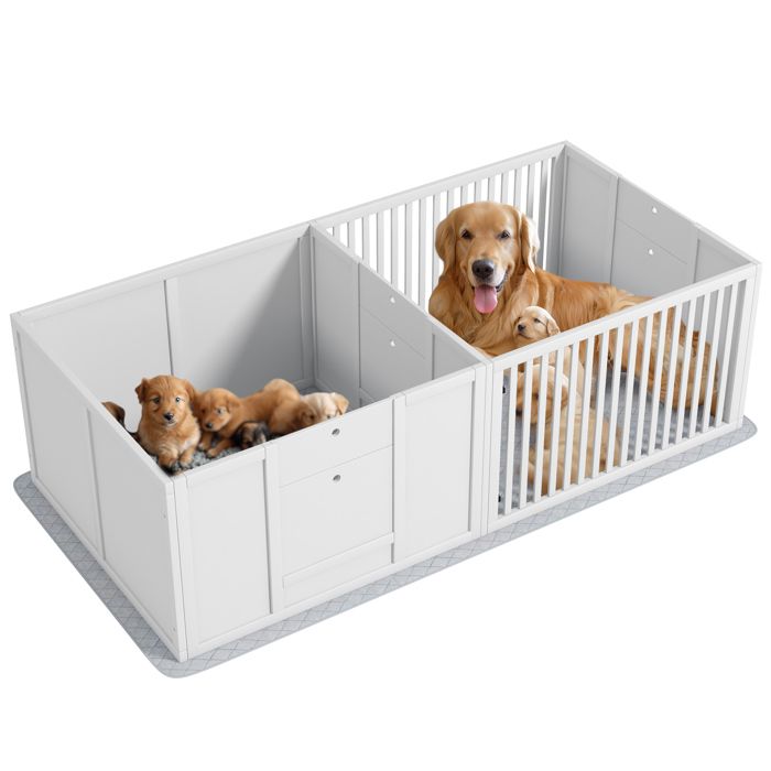 Meilleurs prix pour Boîte de mise bas pour chiens et chiots - PawHut - de petite et grande race - porte à hauteur réglable - 166 x 80 x 50 cm - blanc