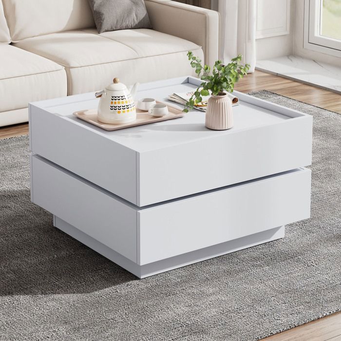 Table Basse Fonctionnelle avec 2 TiroirsPivotante à 360°Espace de RangementTable dappoint pour Salon60x60x38cmBlanc