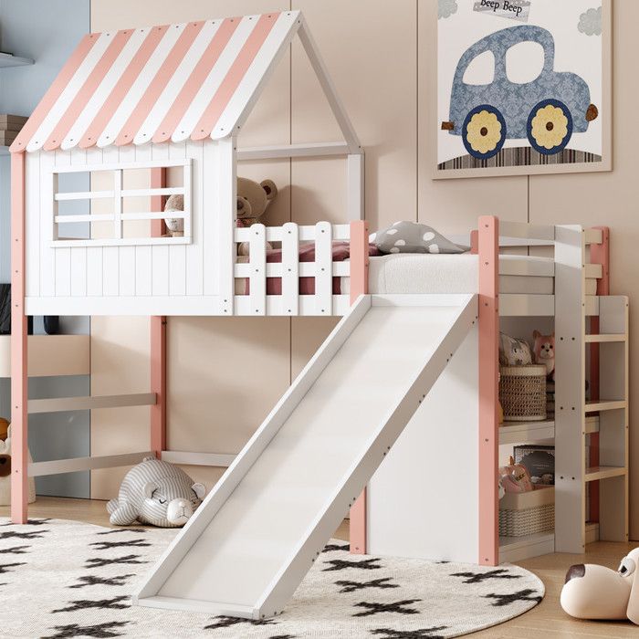 Lit mezzanine 90x200 cm avec échelle et toboggan de sécurité Lit enfant avec compartiments de rangement Lit simple en bois Rose