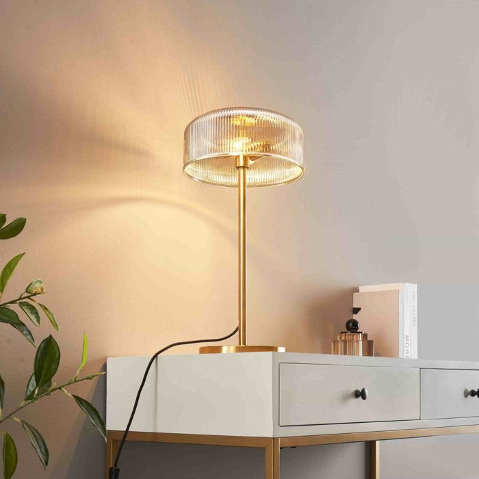Lampe à poser vintage laiton et verre ambré strié - Auréline