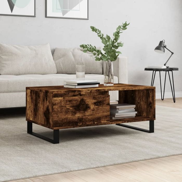 Table basse rectangulaire moderne contemporaine chêne fumé en bois et métal tiroir de rangement 90 x 50 x 36 5 cm pour salon