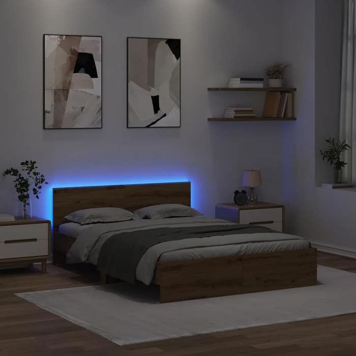 Structure de lit en bois dingénierie - UU - 140x190 cm - Chêne artisanal - Lumières LED intégrées - Cadre à lattes