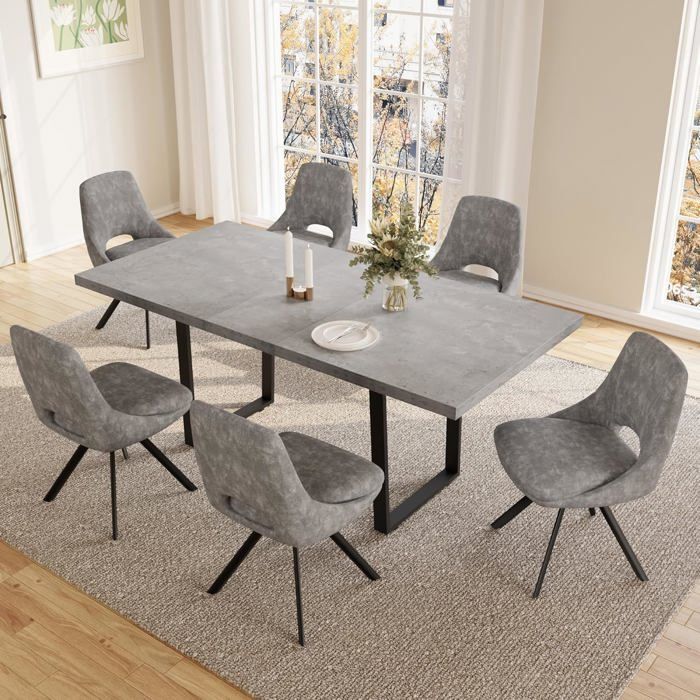 Ensemble de salle à manger avec 6 chaises table en bois avec plateau en MDF adapté au salon (table 130-170 cm + 6 chaises grises)
