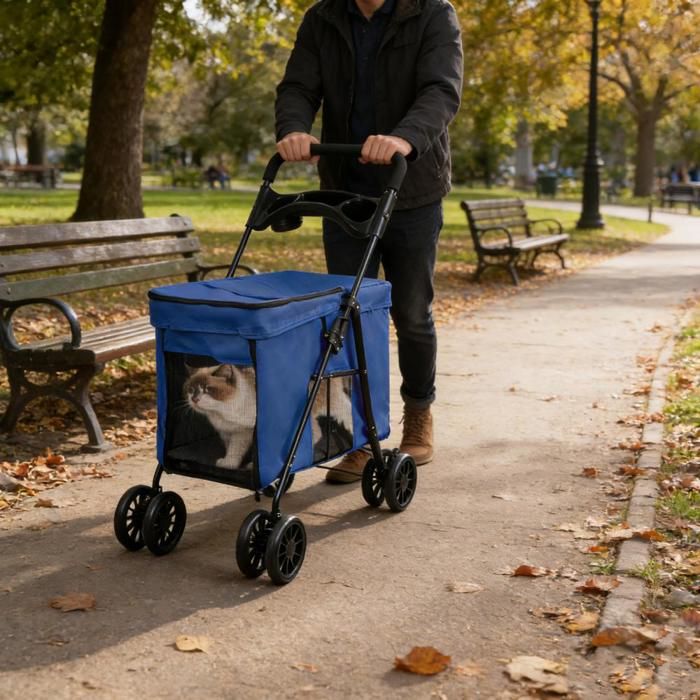 Meilleurs prix pour SUPFINE Poussette pour Animaux 49×75×95cm Poussette pour Chien/ Chat Capacité de charge 15 kg avec Fenêtre en Maille Bleu