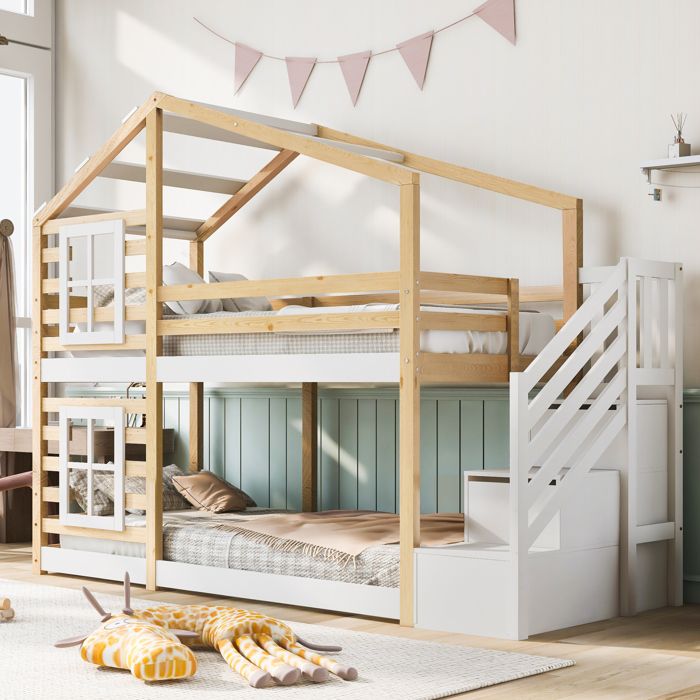 Lit Superposé en Bois 90x200 cm Lit Enfant Cabane avec Escalier 2 Meuble de Rangement et Barrières de Sécurité - Blanc + Naturel