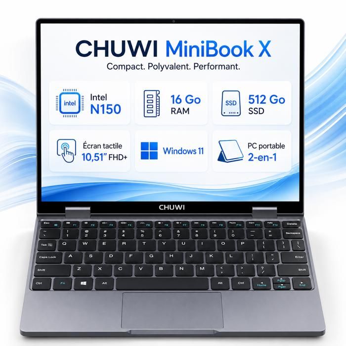 CHUWI MiniBook X-Ordinateur portable Intel Alder Lake-N15016 Go+512 GoFHD 10.51 poucesdesign ultra-léger