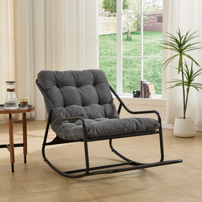 Fauteuil à bascule extérieur - 75x116x82cm - Rocking Chair de Jardin avec Coussin Épais et Moelleux - Gris et Noir