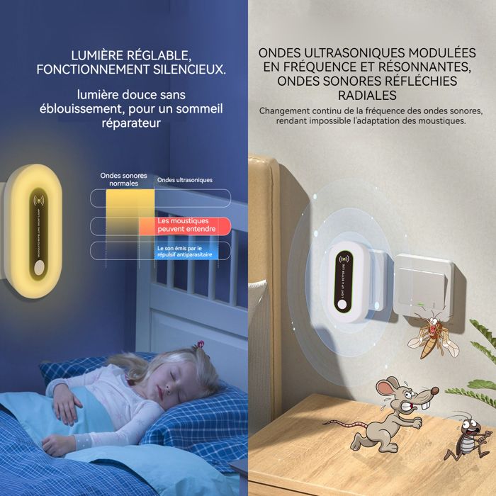 Veilleuse anti-moustique à ultrasons 360 - Roame - degrés prise anti moustique avec lumière led lampe anti moustique souris et caf