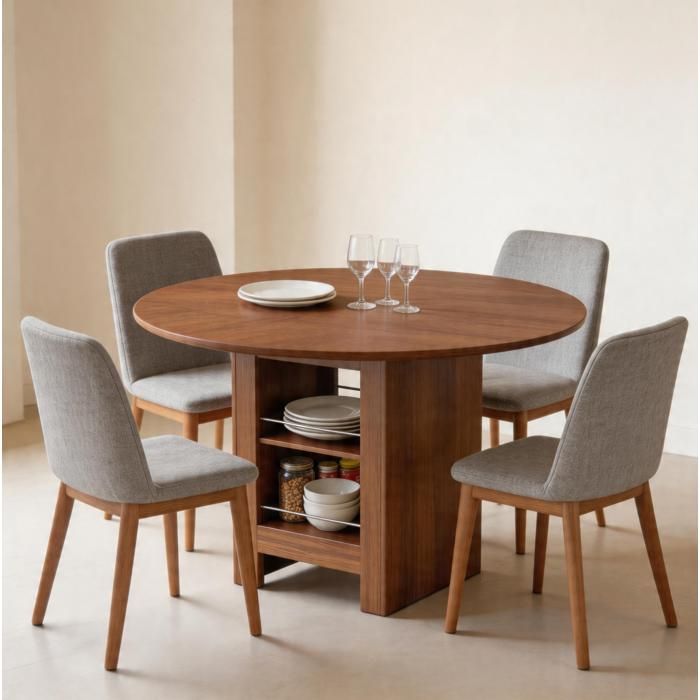 MEUVYX Table de Salle à Manger Ronde pour 4 à 6 Personnes avec 2 Étagères Ouvertes en MDF Effet Noyer 100 × 100 × 76 cm