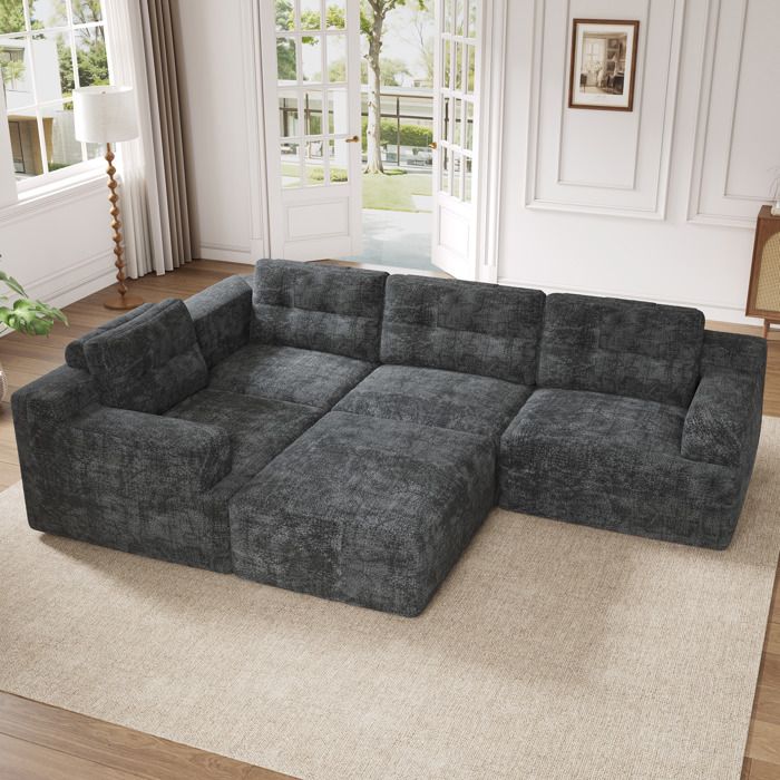 Modenuit Canapé modulable dangle U 5 places en chenille gris sans montage avec pouf