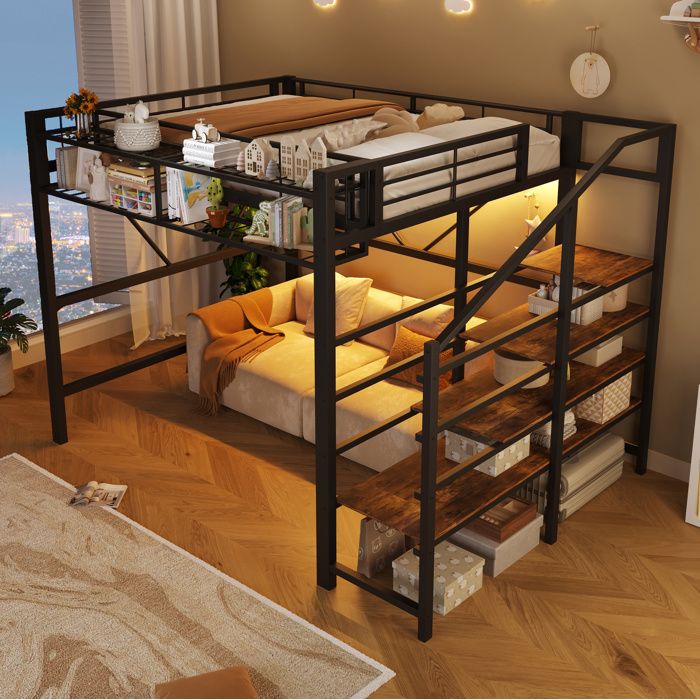 Lit Mezzanine 140x200 En Métal Noir Lit Surélevé Avec Rangement FloraGrace Pour Chambre Escalier Et LED Intégrée 251 5x163x170cm