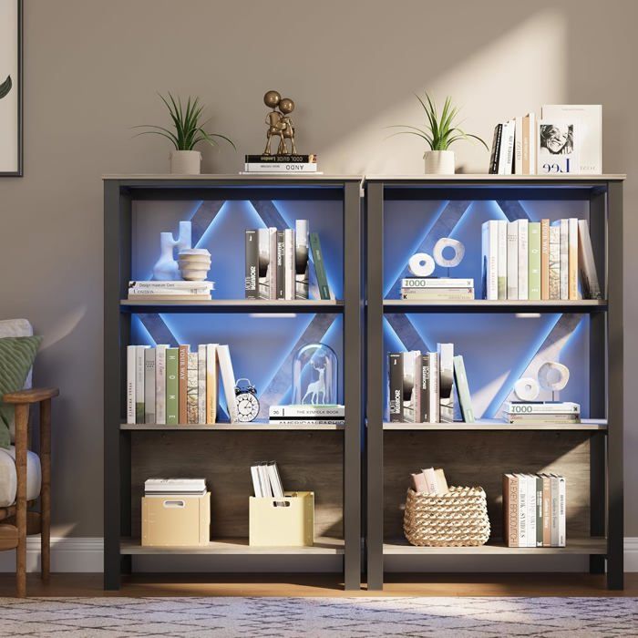 Etagère rétro 4 niveaux LED gris métal bois rangement livres films salon bureau à domicile