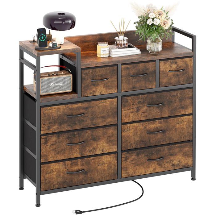 Armoire 9 tiroirs prise USB vintage marron salon/bureau