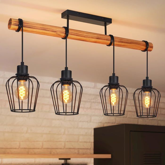 Plafonnier vintage style industriel - 4 lumières E27 bois et métal noir - réglable 60 cm sans ampoule