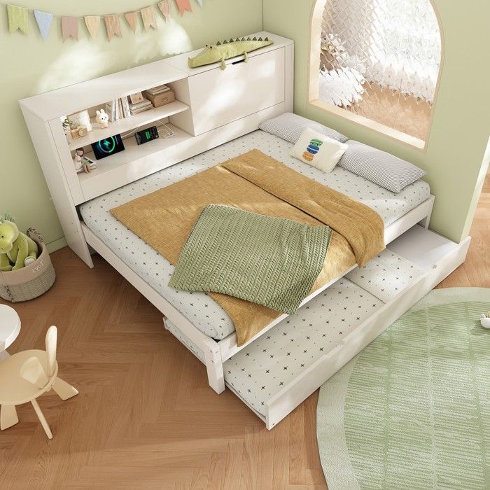 Lit canapé double 140x190 cm avec lit gigogne 90x190 blanc bois sommier à lattes rangement ports USB USB-C sans matelas