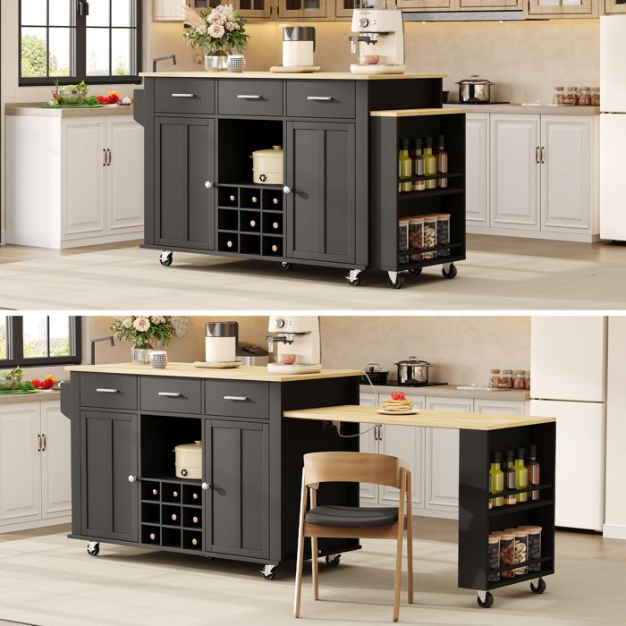 Meuble de cuisine 136(223)x50x93 cm Noir Naturel MDF avec plan de travail extensible et prises